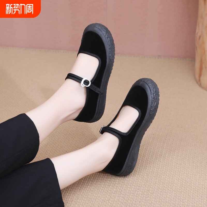 老北京布鞋女厚底工作鞋软底上班黑黑色妈妈鞋不累脚防滑平底棉鞋