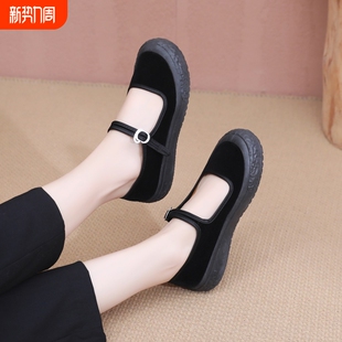 不累脚防滑平底棉鞋 软底上班黑黑色妈妈鞋 女厚底工作鞋 老北京布鞋