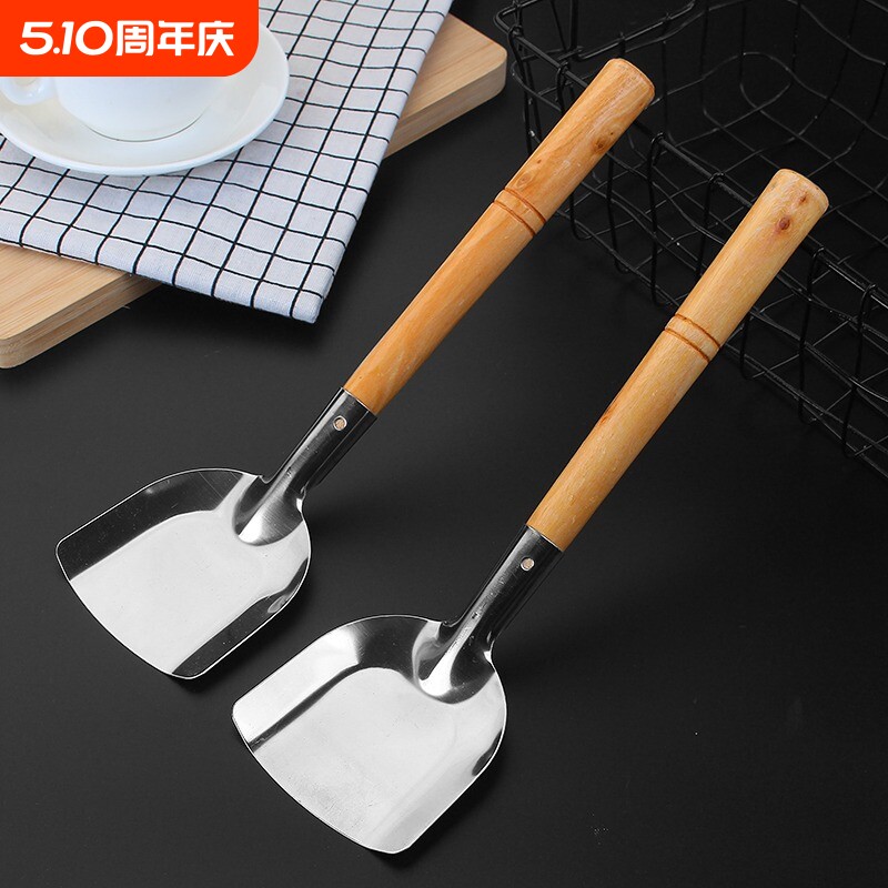 老式不锈钢锅铲家用炒菜加厚铲子炒勺厨师厨房厨具木柄防烫锅铲