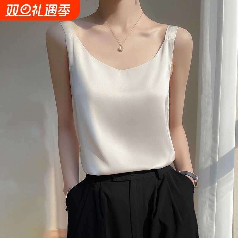 配西装醋酸吊带背心女内搭缎面打底真丝夏V领桑蚕丝白色黑色上衣