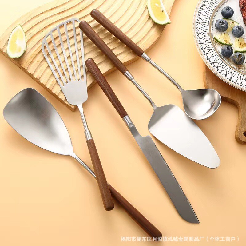 胡桃木柄烹饪勺铲套装304不锈钢厨房小工具煎铲锅铲蛋糕刀铲汤勺