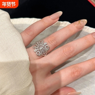 925复古时尚老钱风孔雀开屏戒指中古蕾丝镂空高级精致小众食指戒