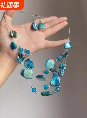 「人鱼秘境」独特多层蓝色不规则串珠项链欧美夸张小众设计锁骨链