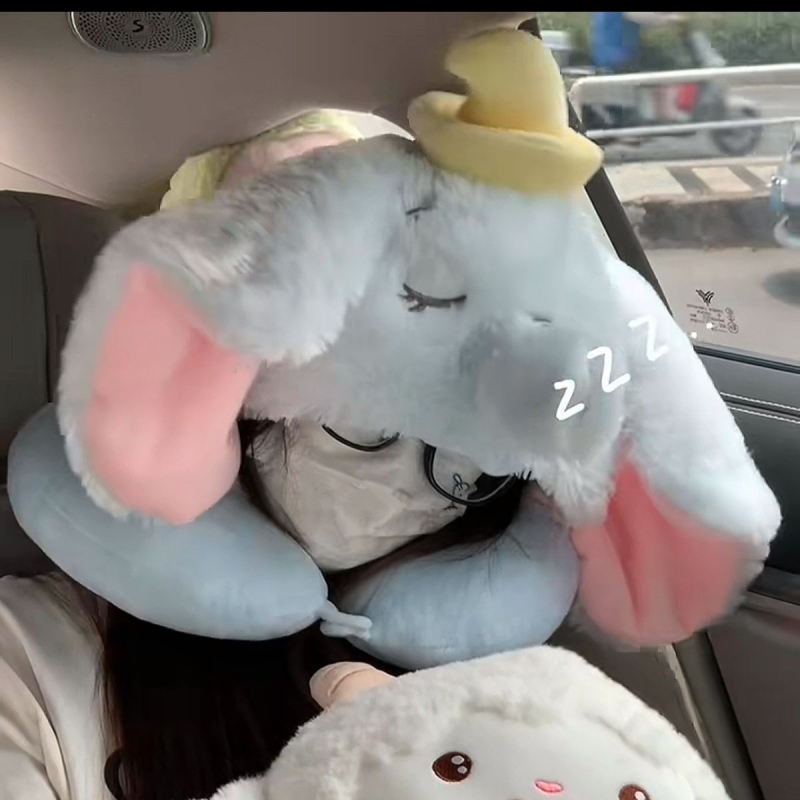 可爱小象u型颈枕卡通连帽护颈椎靠枕便捷旅游出行午休枕头礼物女
