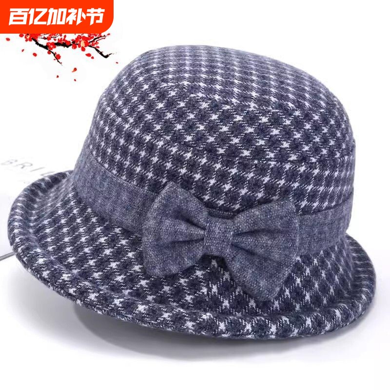 中老年新款女妈妈洋气毛呢礼帽渔夫帽奶奶加厚保暖盆帽春秋格子
