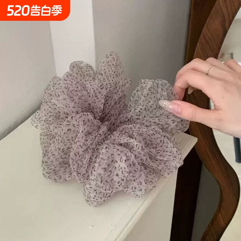 网纱豹纹发圈女轻奢欧根纱慵懒扎发头绳甜酷少女感高弹力发绳头饰