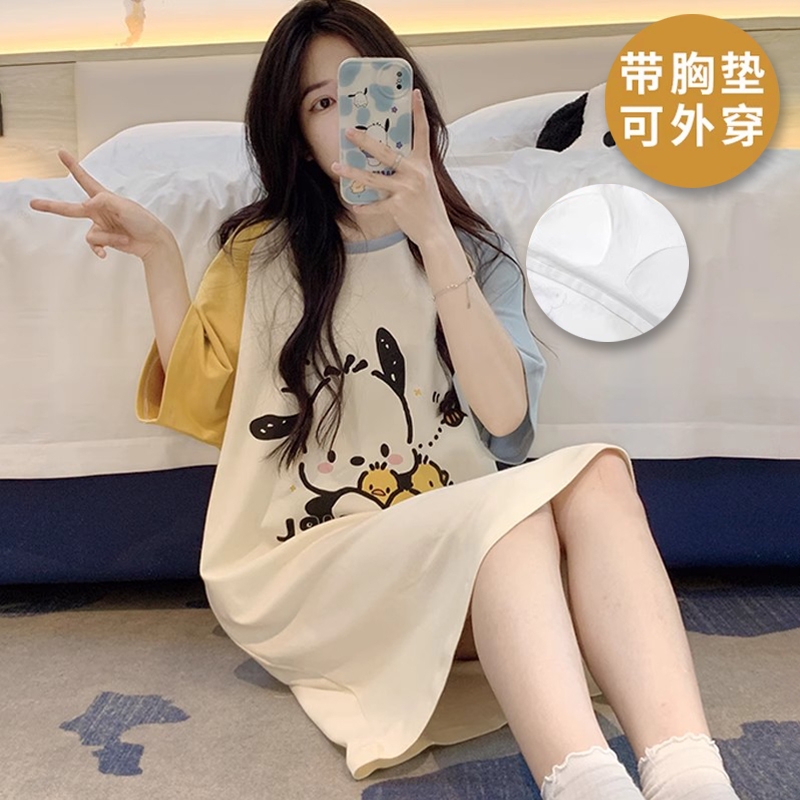 睡裙女带胸垫夏季短袖可爱卡通网红睡衣女夏天宽松女士家居服裙子