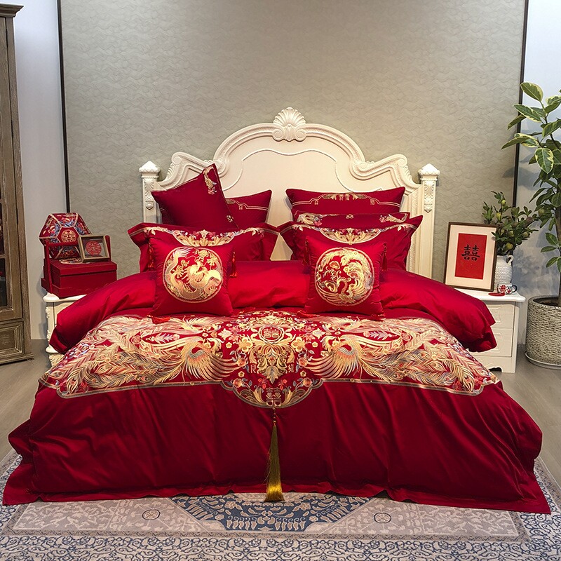 高档刺绣婚庆四件套轻奢100支长绒棉结婚陪嫁大红色套件全棉婚床