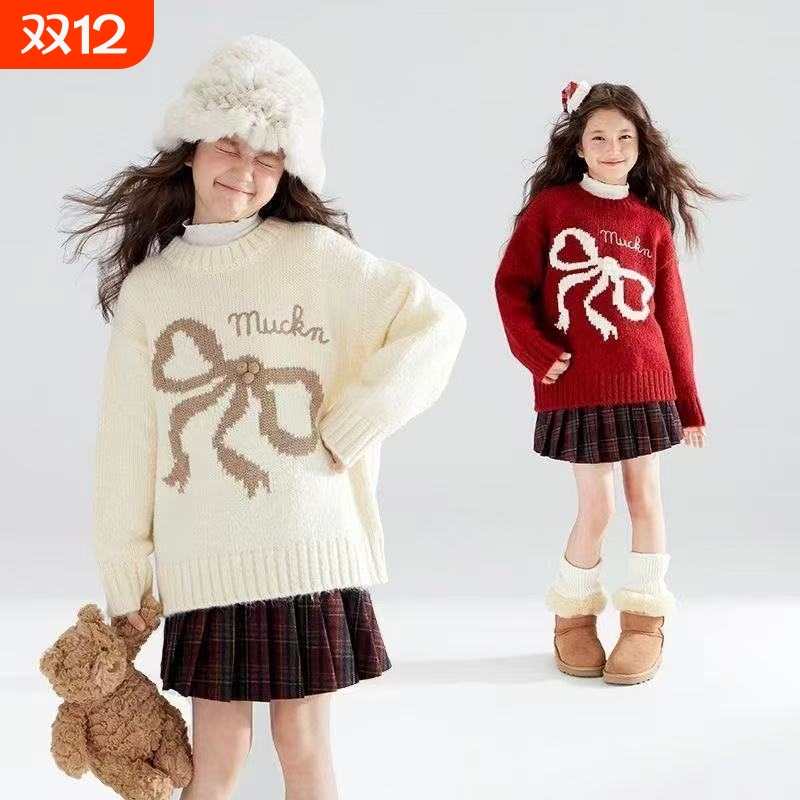 女童毛衣秋冬2025新款儿童上衣女冬季加厚羊毛衫红色针织蝴蝶结