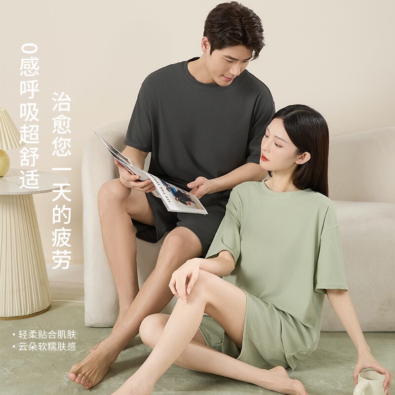 华夫格情侣睡衣夏季男士家居服女士简约短裤短袖宽松休闲套装薄款