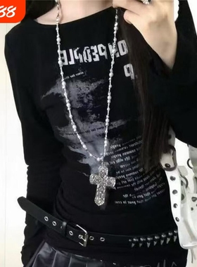 哥特十字架长款项链重工Y2K亚文化少女仿珍珠轻奢辣妹卫衣链配饰
