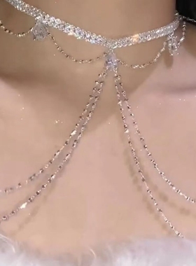 闪钻水滴锆石流苏胸链晚宴肩链项链身体链水钻链条女配饰礼服装饰