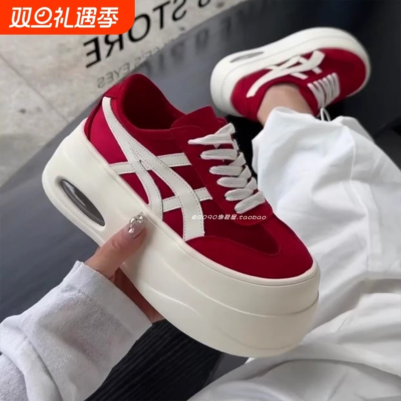 秋季松糕底百搭软皮透气沙丁布增高厚底德训女鞋超轻底系带女板鞋