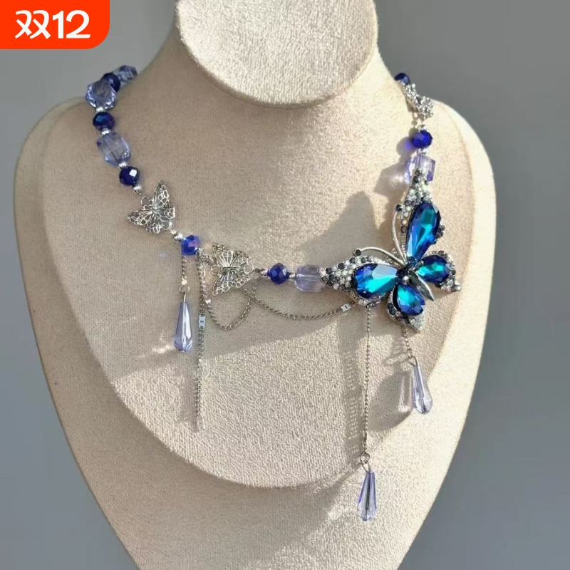 Y2K蓝紫闪耀锆石蝴蝶项链辣妹甜酷亚文化重工小众高级轻奢夸张潮