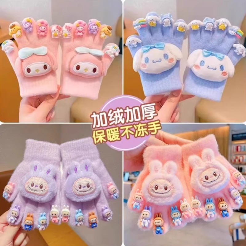 儿童2025卡通手套冬季保暖男女童美甲DIY宝宝加厚五指女连指防