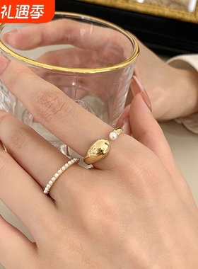 小众独特珍珠戒指女金色设计高级感开口戒指冷淡风叠戴指环食指戒