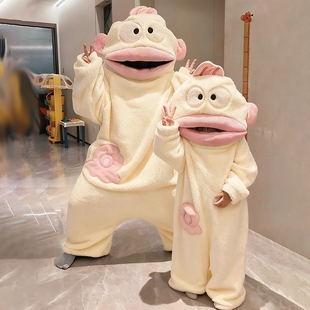 新款丑鱼儿童睡衣连体秋冬季珊瑚绒可爱搞怪连帽睡袍加厚保暖女孩