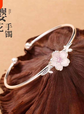 幂琳足银s999樱花手镯儿童实心男女宝宝款小孩镯子纯银送蝴蝶结