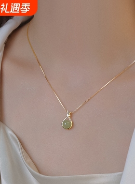 新款S925纯银项链女饰品网红锁骨链中式风福袋和田玉百搭玉坠批发