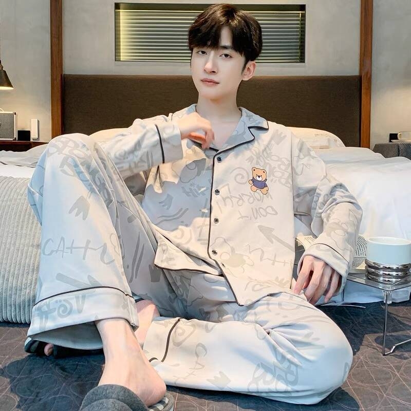 春秋季睡衣男士长袖长裤卡通薄款学生男士开衫加肥加胖家居服套装