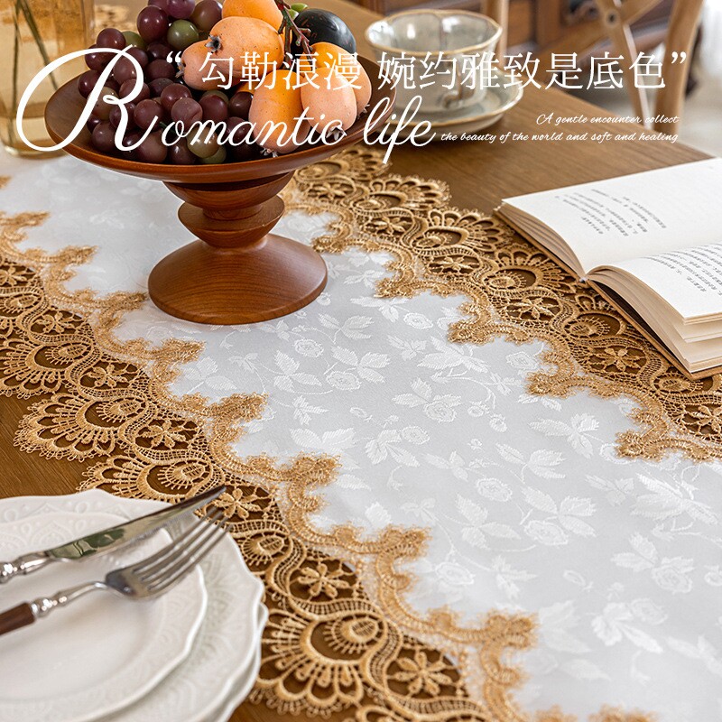 新款刺绣轻奢高级感桌旗仿贡缎镂空蕾丝桌布家用餐桌茶几盖巾批发