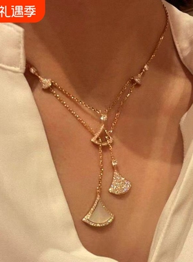 简约个性设计流苏裙子项链女网红晚宴扇形玫瑰金色双层满钻锁骨链