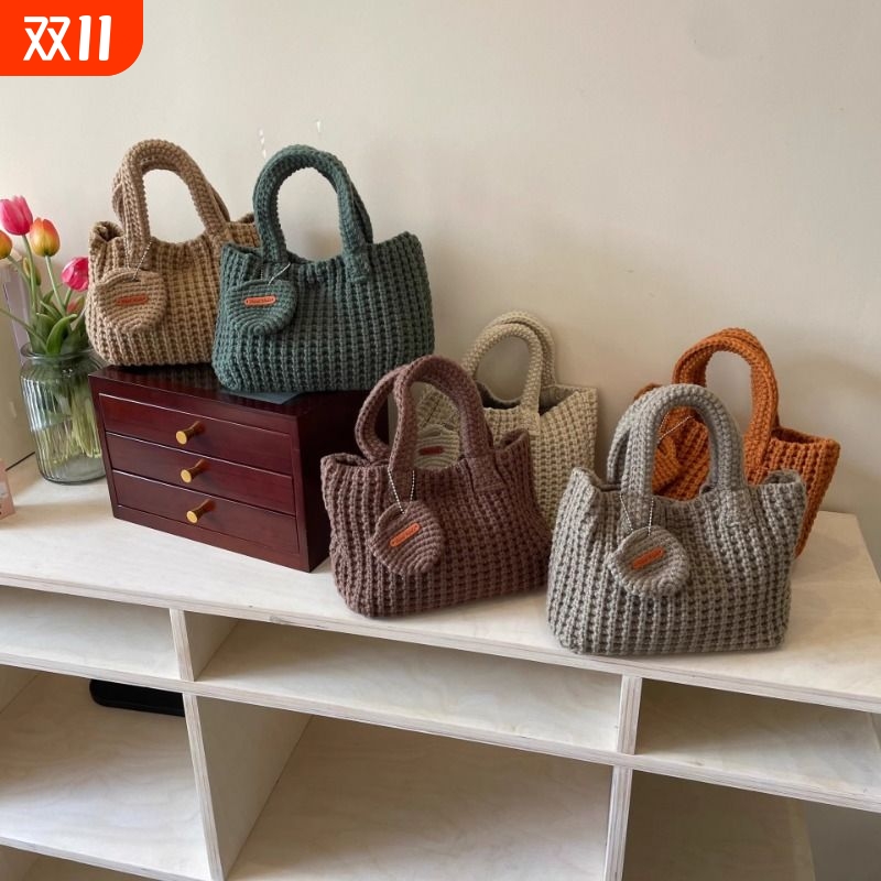 编织包韩版ins纯色手工钩织包可爱毛线手提包秋冬穿搭手拎手机包