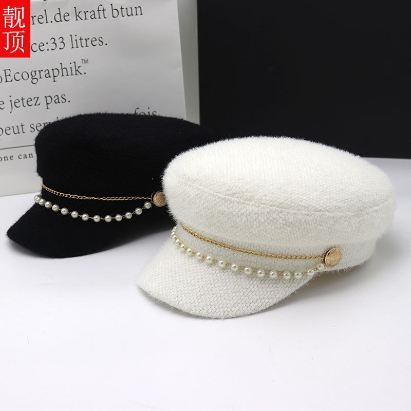 海军帽子女秋冬季韩版时尚保暖鸭舌帽日系网红平顶帽贝雷帽潮珍珠