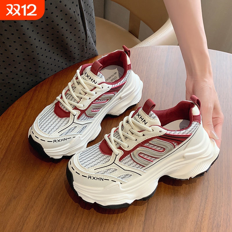 品牌断码老爹鞋女2025春秋季新款网面透气增高鞋子百搭轻便厚底休