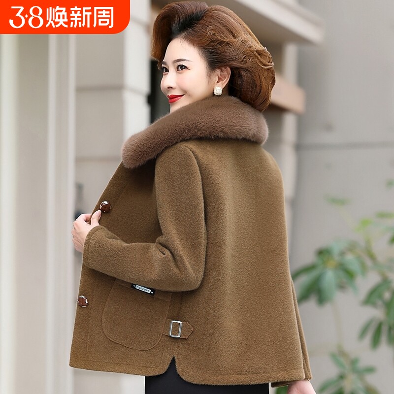 妈妈冬装水貂绒毛呢外套中老年女装秋冬洋气短款皮草上衣红色时髦