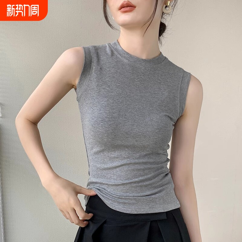 小圆领吊带背心女夏外穿2025新款显瘦灰色无袖打底上衣潮半高领