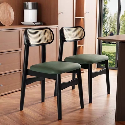 法式复古实木餐椅家用中古风靠背椅子餐厅高级感餐桌软包藤编椅子