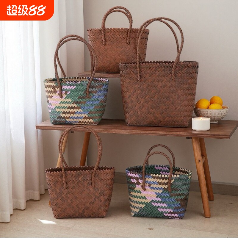 手工编织菜篮子竹节手提包草编包包复古大容量纯手工编织包时尚