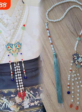 长流苏新中式璎珞汉服旗袍项链古风背云马面裙挂饰国风配饰女绿色