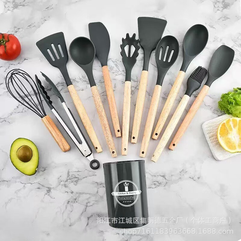 现货食品级硅胶厨具12件套耐高温木柄硅胶套装不粘锅锅铲汤勺漏勺
