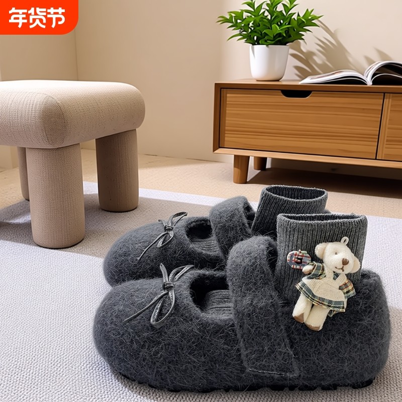 内增高玛丽珍毛毛鞋女2025新款冬季灰色毛毡棉鞋子软底加绒勃肯鞋,女鞋,玛丽珍鞋,淘宝优惠券,粉丝福利购,淘宝优惠卷