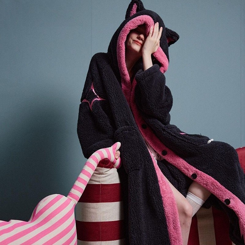 酷猫系列睡衣女冬季珊瑚绒加厚浴睡袍猫耳法兰绒可外穿家居服套装