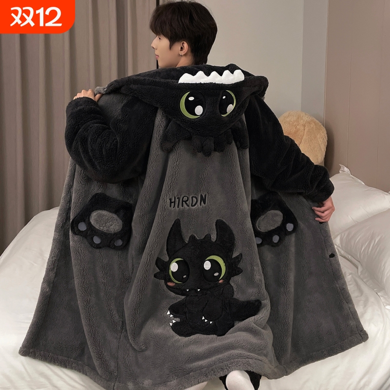 热风圈睡衣男士秋冬季珊瑚绒睡袍男款加绒加厚青少年冬天浴袍男生