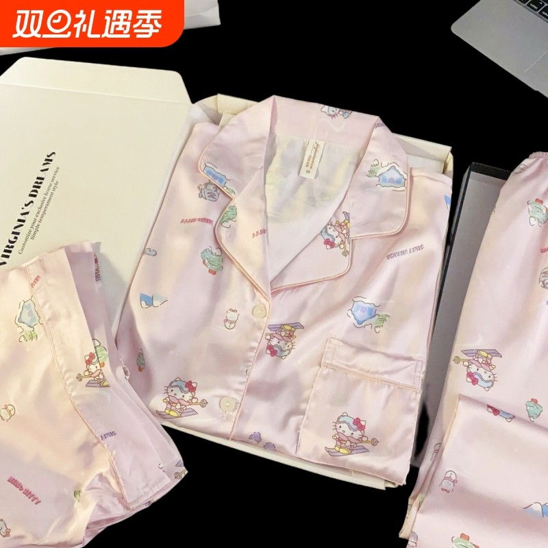 夏季少女HelloKitty睡衣薄款女款粉色冰丝两件套卡通家居服