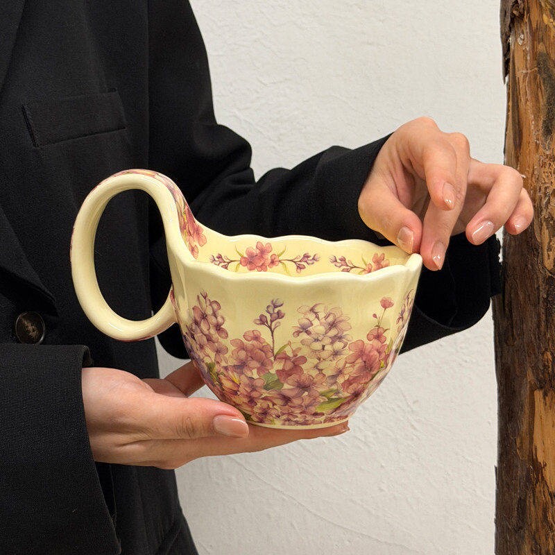 ins高颜值繁花曲把杯女生大容量陶瓷马克杯闺蜜精致咖啡杯伴手礼