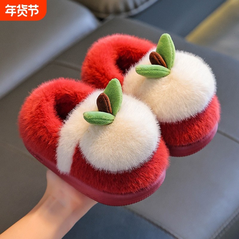 儿童棉拖鞋冬季女童男童毛绒宝宝棉鞋包跟家居鞋棉拖软底红色室内