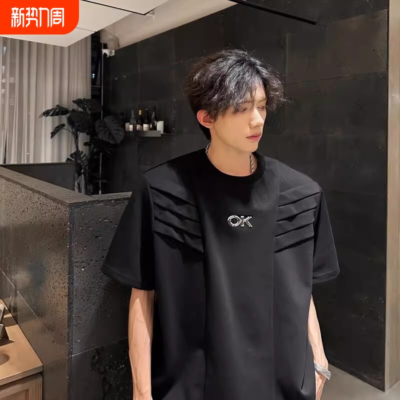 高级感设计垫肩短袖T恤男士美式高街宽松休闲5分半袖上衣白色黑色