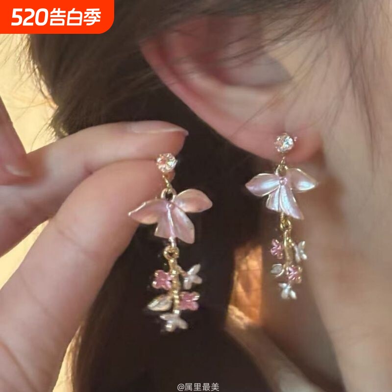 新中式鸢尾花流苏耳环法式复古珐琅油画耳坠甜美气质耳饰