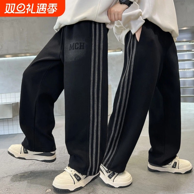 儿童加绒裤子男童直筒卫裤2025新款冬痞帅风运动长裤中大童一体绒