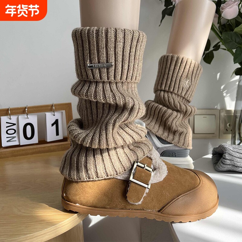 腿套白色针织女款冬季发热保暖袜套雪地靴堆堆袜秋冬小腿袜子加厚