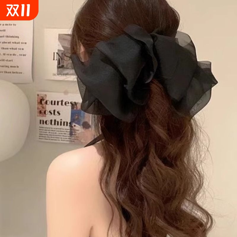 高级感黑色网纱蝴蝶结头饰发夹女高颅顶弹簧夹在逃公主后脑勺顶夹
