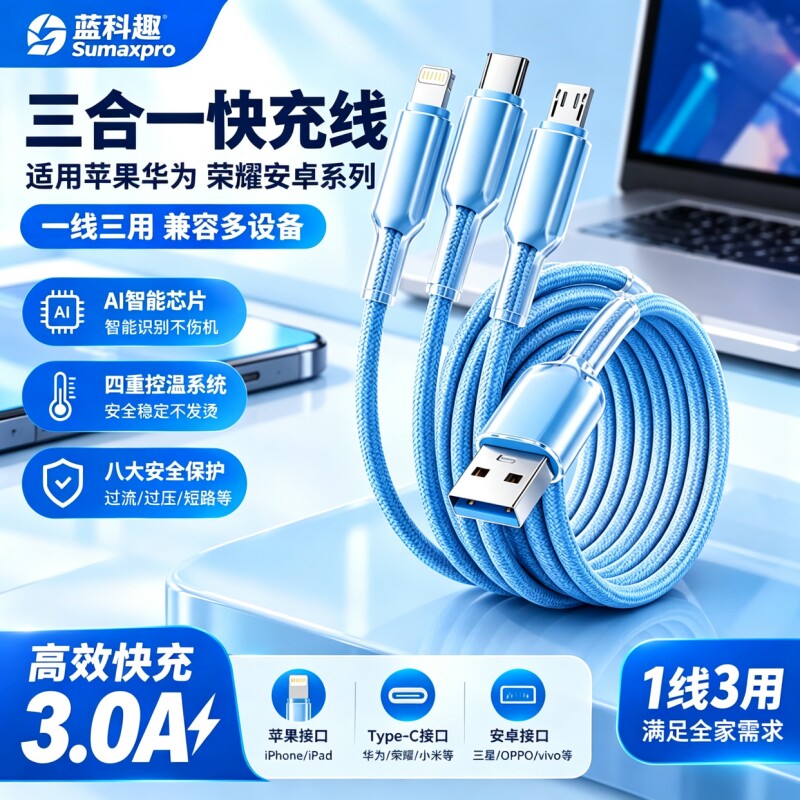 3C认证快充数据线三合一手机充电线三线type-c多口适用华为苹果安卓通用USB加长2米编织车载线多功能充电器图片