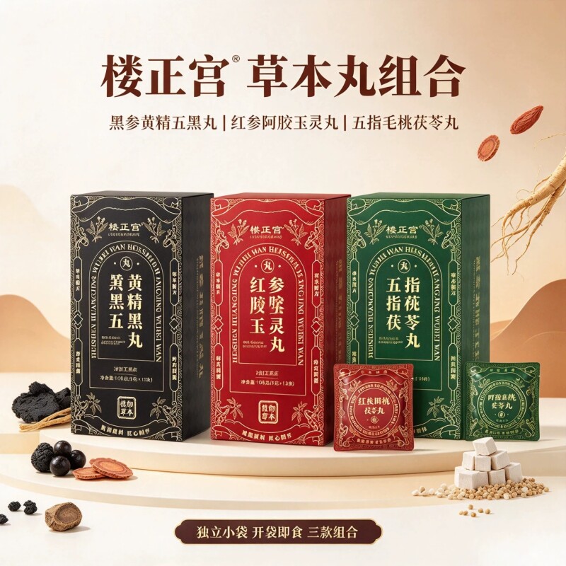 楼正宫红参阿胶玉灵丸五指毛桃茯苓丸黑参黄精五黑丸中式糕点即食