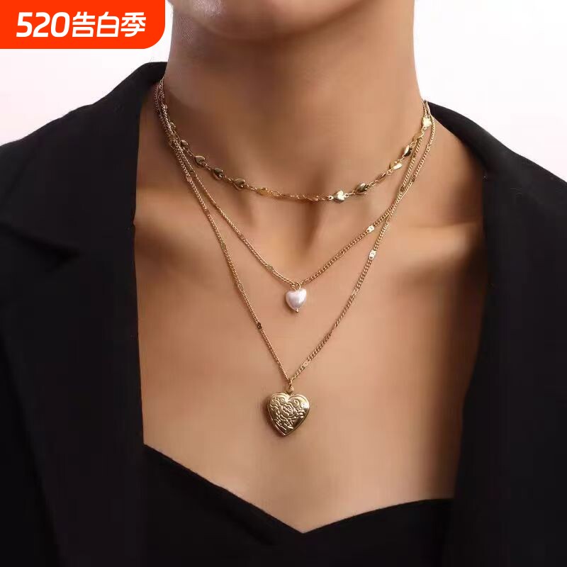 欧美爱心珍珠项链女甜酷风多层叠戴气质颈链复古个性桃心锁骨链潮