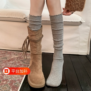 灰色小腿袜子女配靴子长筒靴袜春秋款高筒显瘦花边堆堆袜黑色甜美